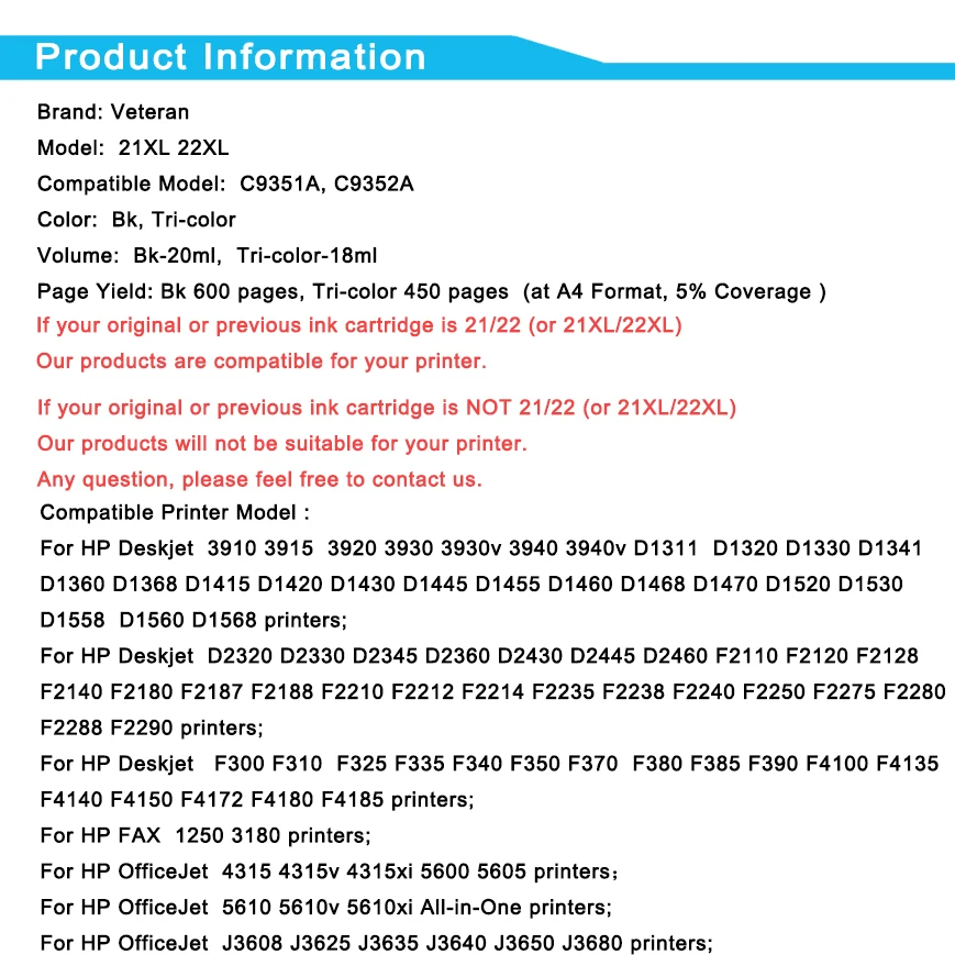 Ветеран чернильный картридж Замена для hp 21 22 hp21 21xl Deskjet F380 F2180 F2280 F4180 F4100 F2100 F2200 F300