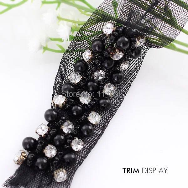 

5yard Craft Beaded Black Pearl Crystal Rhinestones Decorated Lace Fabric Ribbon Trim For Dress Clothes Sewing Accessories T288