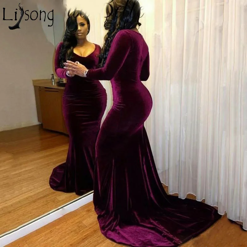 

Sexy Plus Size Velvet Prom Dresses Black Girls Long Sleeves Mermaid V-neck Formal Party Dress Court Train Long Evening Dress