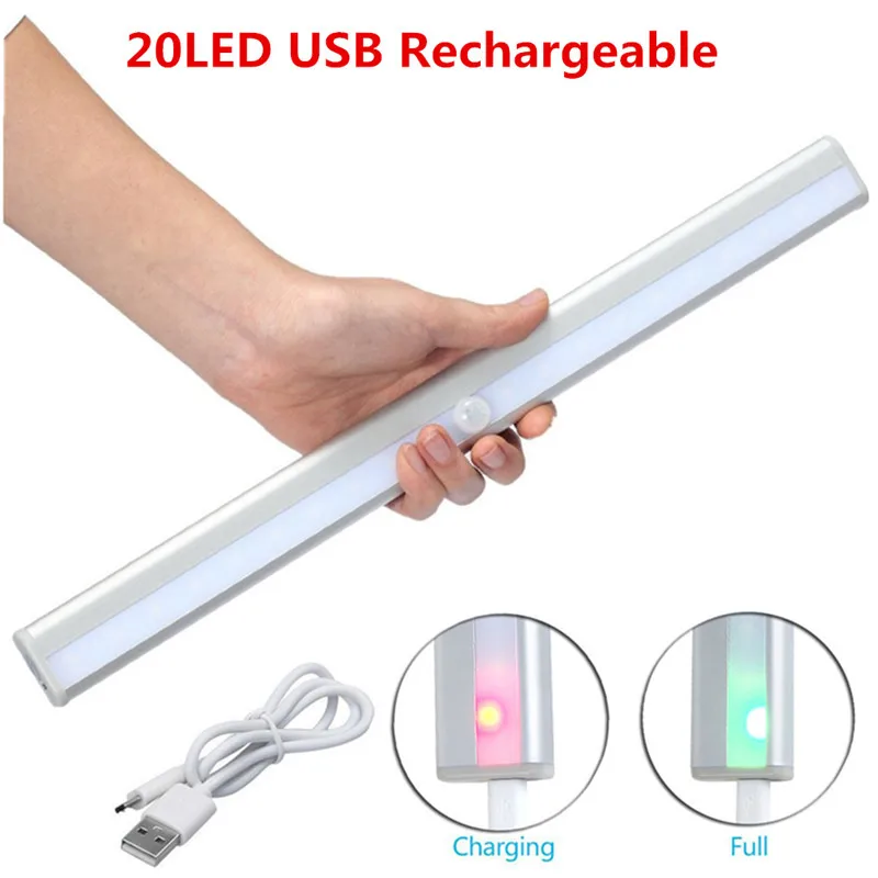 wireless 20 led usb rechargeable night light pir motion sensor light under cabinet wardrobe closet kitchen sensor light lamp free global shipping