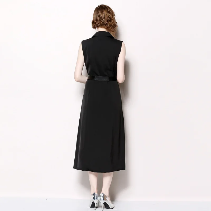 M-XXL spring autumn woman dress sleeveless notched collar calf length with belt buttons split bottom office black | Женская одежда