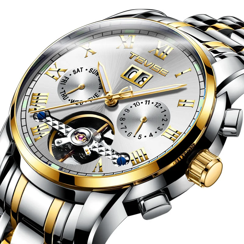 TEVISE, мужские часы, автоматические механические часы, мужские Tourbillon, водонепроницаемые часы со скелетом, мужские наручные часы, Relogio Masculino - Цвет: gold white