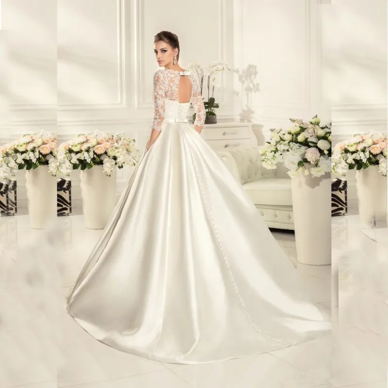 Мода vestido де casamento лонго Три Четверти Рукава Кружева Аппликация Атласная Замочная