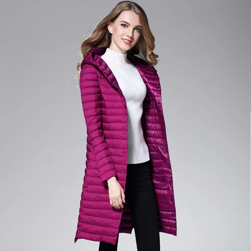 2017 новый зимний ультра легкий пуховик женский тонкий средней длины с капюшоном