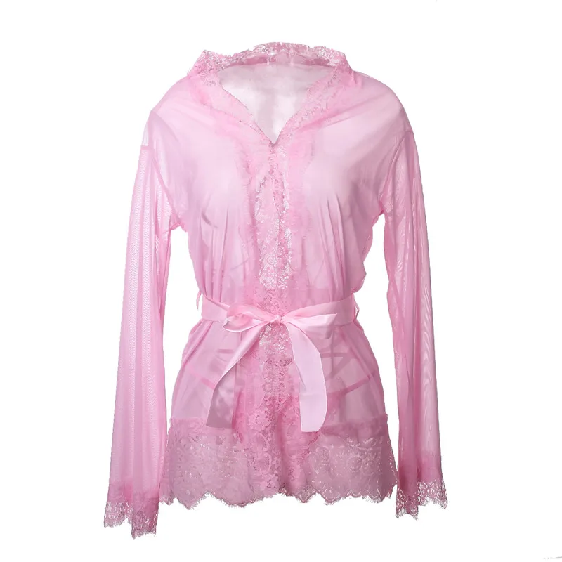 Сексуальные с v-образным вырезом Babydoll Ladies See Through Bath Robes Sleepwear женские с стринги кружева Sheer Ночное платье нижнее белье халаты