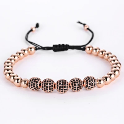 Rose gold Mcllroy мужские браслеты, круглые бусины и 8 мм Micro Pave черные CZ бусины Micro Pave кубического циркония плетение Макраме Браслеты - Окраска металла: Rose gold