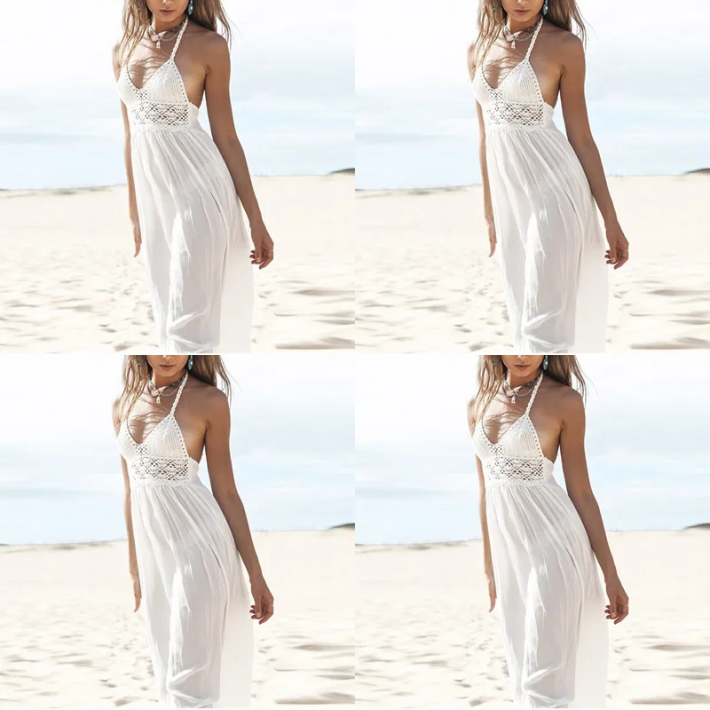 Шифоновое пляжное платье белое с открытыми плечами длина до пола кружевные
