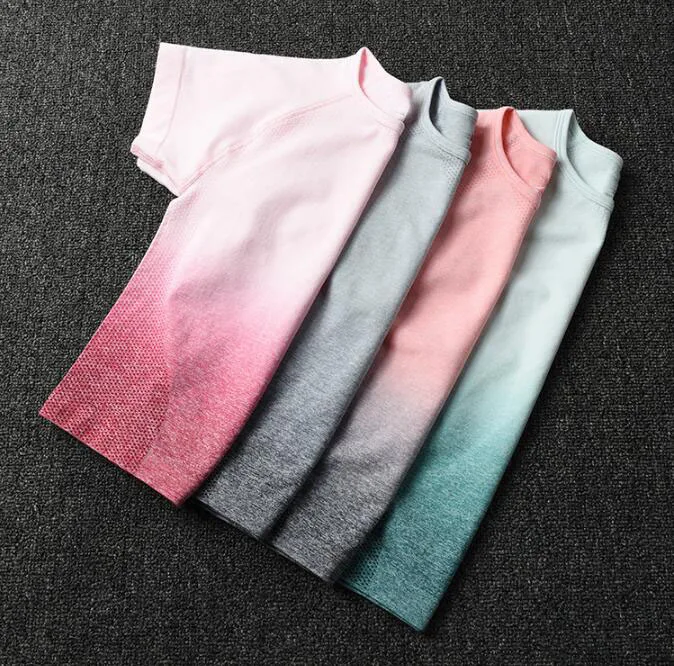 Женские бесшовные спортивные рубашки для йоги с коротким рукавом и эффектом