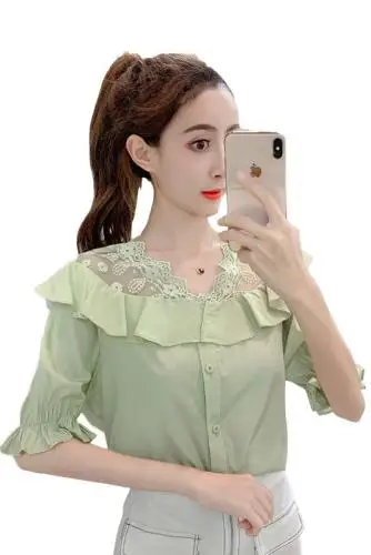 

Korean 2019 Woman's Sexy Lace Patchwork Camisas Mujer Elegant Fashion Chiffon Shirt Single Breasted Casual Brief Blusa Feminina