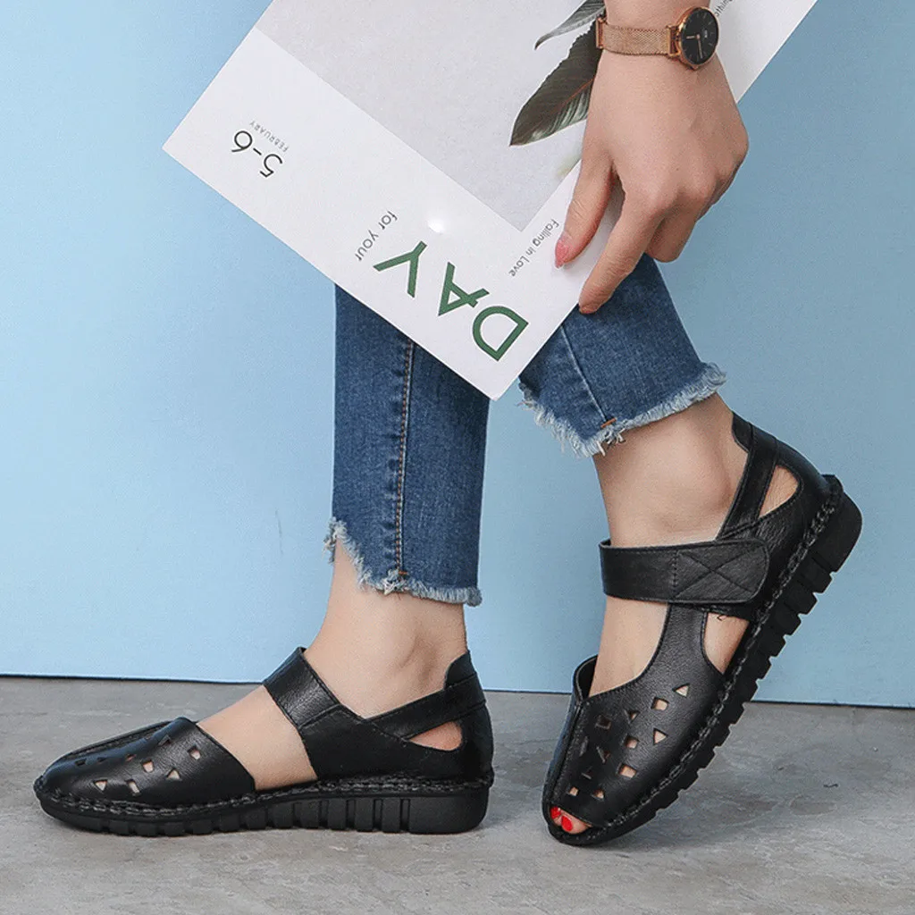 Women's Sandals Soft Bottom National Fish Mouth Ladies Summer Hollow Flat Shoes Female Beach Chaussures C40# | Обувь