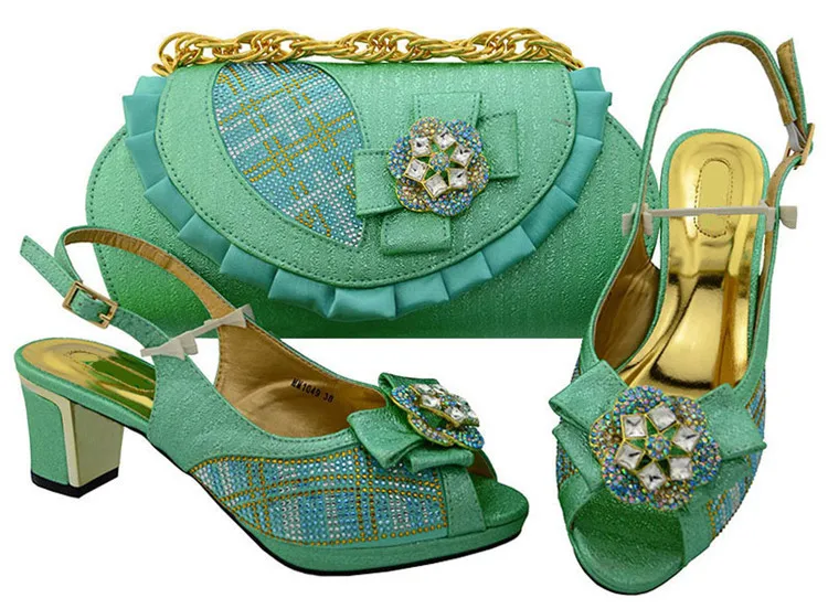 

High quality water green african shoes match handbag set with crystal decoration for dress MM1049,heel 6.5CM