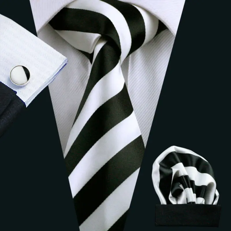 Мужской галстук в черно белую полоску из 100% шелка|tie hanky cufflink set|cufflinks setsets for men |