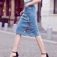 free shipping 2021 new fashion summer knee length elegant women skirt with slit embroidery pencil skirts xs xl jeans denim skirt