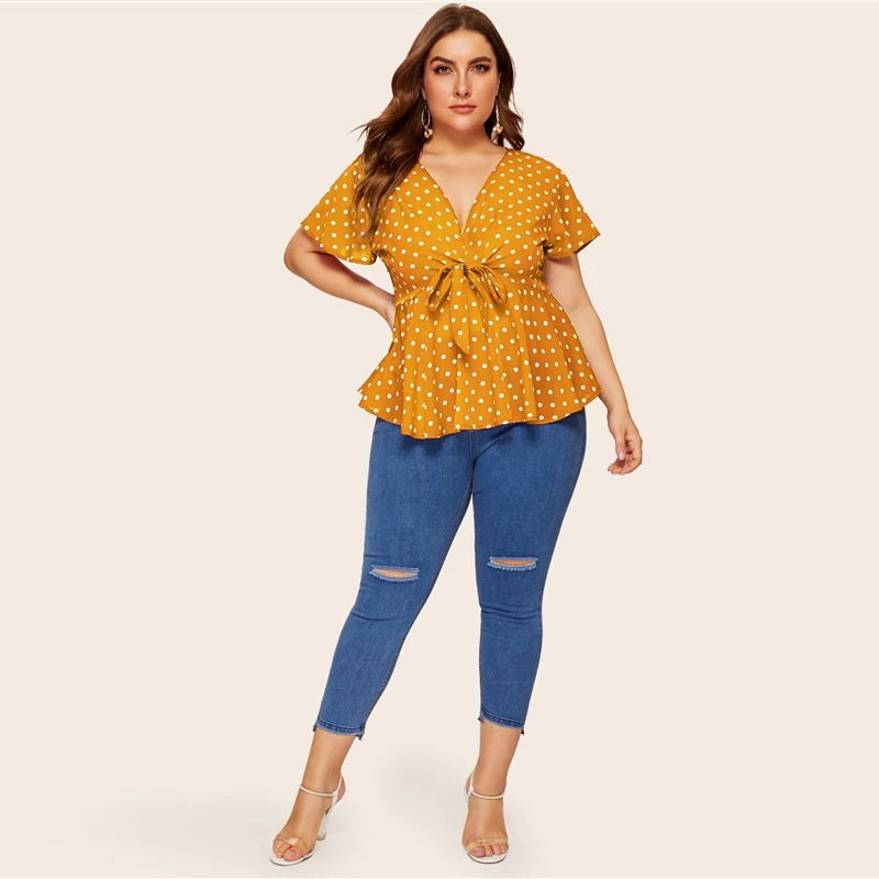 Dotfashion/женская блузка в горошек с узлом спереди; сезон лето ; Boho; глубокий v-образный вырез; одежда с короткими рукавами; женские модные топы