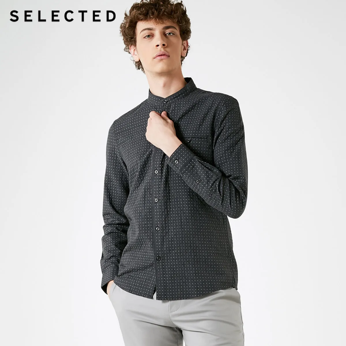 SELECTED Men's Cotton Slim Fit Stand-up Collar Polka Dots Long-sleeved Shirt S|418405544 | Мужская одежда