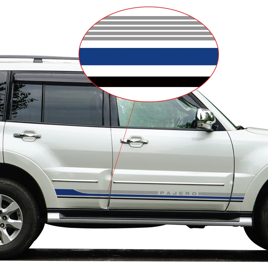 silver and blue Автомобильные наклейки 2 шт. Автомобильные Боковые двери в полоску стильные виниловые графические stripecar аксессуары наклейки на заказ для mitsubishi pajero sport - Название цвета: silver and blue