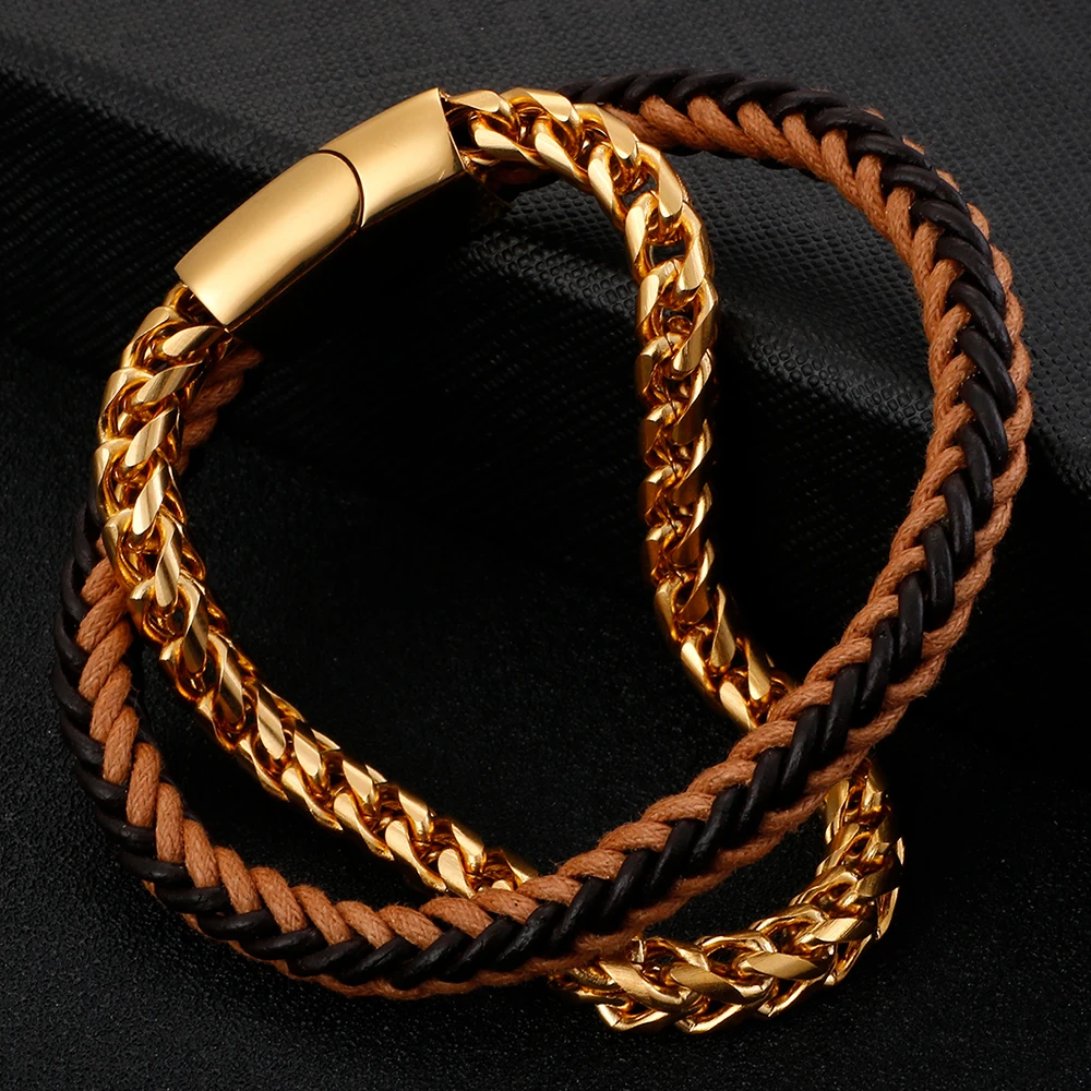 Плетеный подлинный мужской кожаный браслет золотая цепочка из нержавеющей стали мужские s браслеты обёрточная Бумага браслет мужские байкерские ювелирные изделия