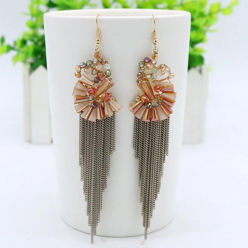 4 цвета веерообразные богемные серьги с кисточками Роскошные хрустальные