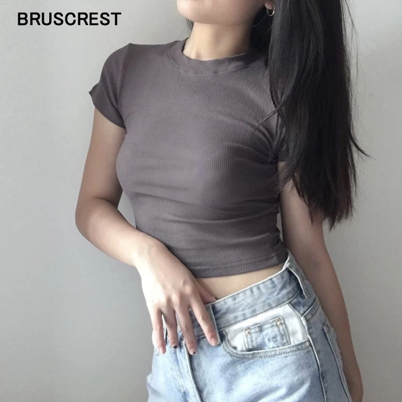 Летняя рубашка винтажный Топ футболка Женская Базовая кроп-футболка в рубчик