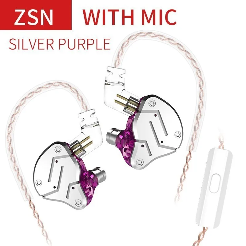 ZSN SilverPurple Mic KZ металлические наушники гарнитура 1BA+ 1DD гибридная технология Hifi бас наушники в ухо монитор гарнитура спортивные наушники с шумоподавлением - Цвет: ZSN SilverPurple Mic