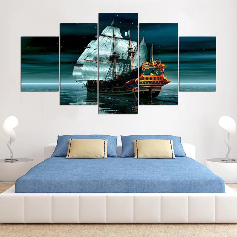 

Модульные картины на холсте, картины для гостиной, домашний декор, 5 шт., пиратский корабль, морской пейзаж, живопись, HD печатный плакат