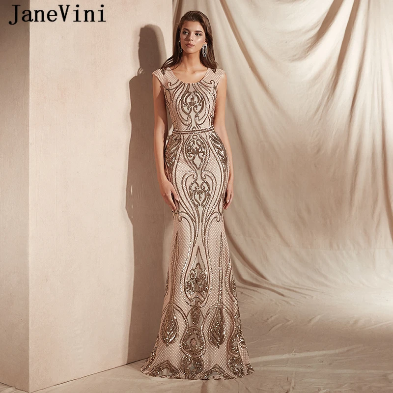 

JaneVini Sparkle Sequins Mermaid Long Prom Dresses 2019 Scoop Neck Cap Sleeve Illusion Back Formal Party Gowns Gala Jurken Dames