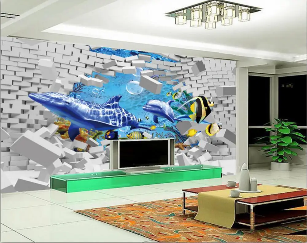 

Custom mural 3d wallpaper sea world whale dolphin brick wall decor painting 3d wall murals wallpaper for living room walls 3 d