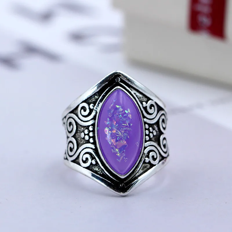 purple opal OMHXZJ,, Европейская мода, для женщин, девушек, для вечеринки, дня рождения, свадьбы, подарок, винтаж, широкий розовый опал, лунный камень, Тай, серебряное кольцо, RR841 - Цвет камня: purple opal