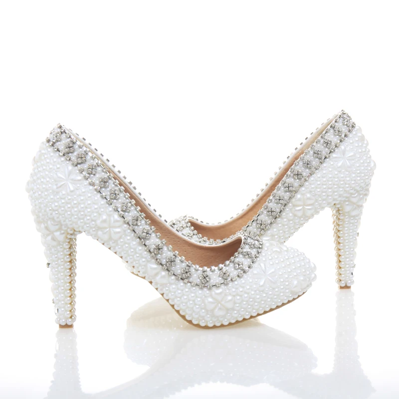 Роскошные белые свадебные туфли с жемчугом удобные Свадебные модельные круглым