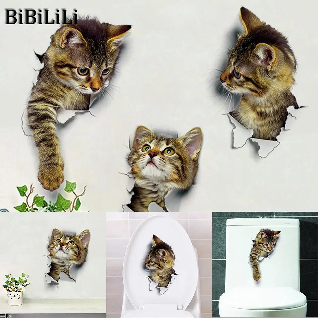 Настенные наклейки Кот Яркие 3D разбитые переключатели ванная комната туалет Kicthen