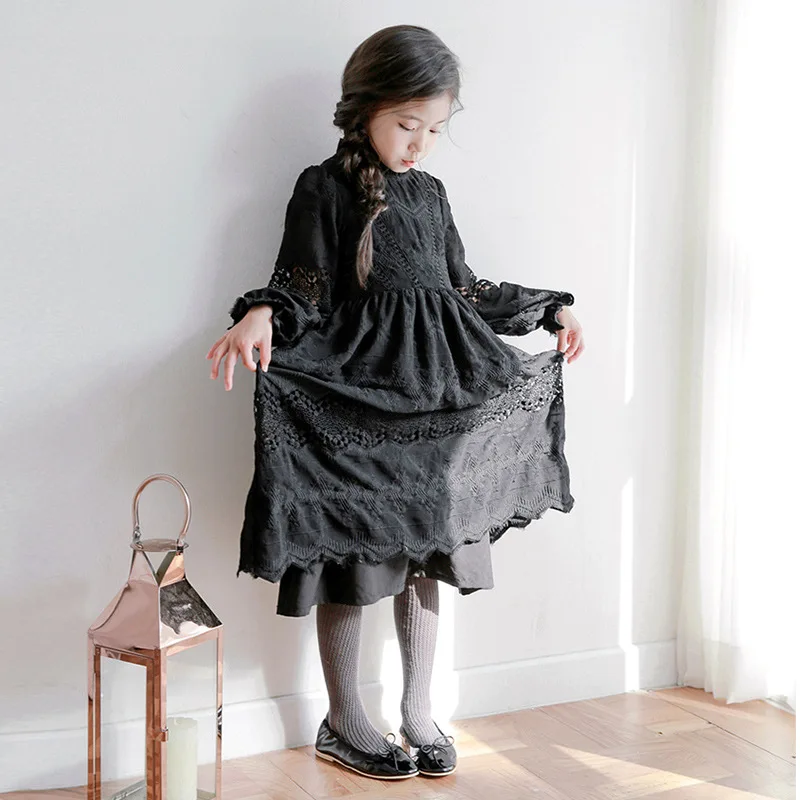 Autumn Spring Girl Cotton Black Dress Cute Fashion Princess Party Elegant For 6 7 8 9 10 11 12 13 14 Years Children Clothe | Детская