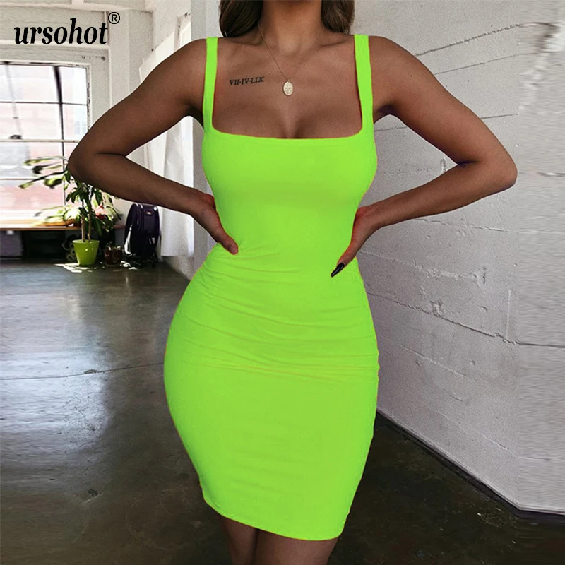 Ursohot Спагетти ремень Танк Bodycon платье летние однотонные сексуальные винтажные