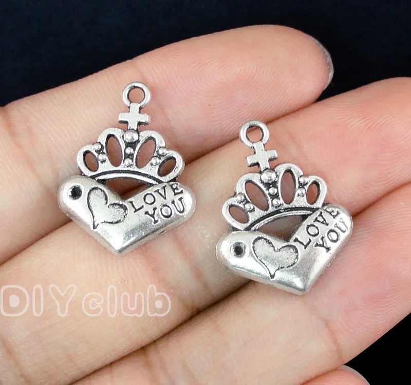 

70pcs-Antique Silver / Bronze Crown Heart Charms Pendant 22x18mm
