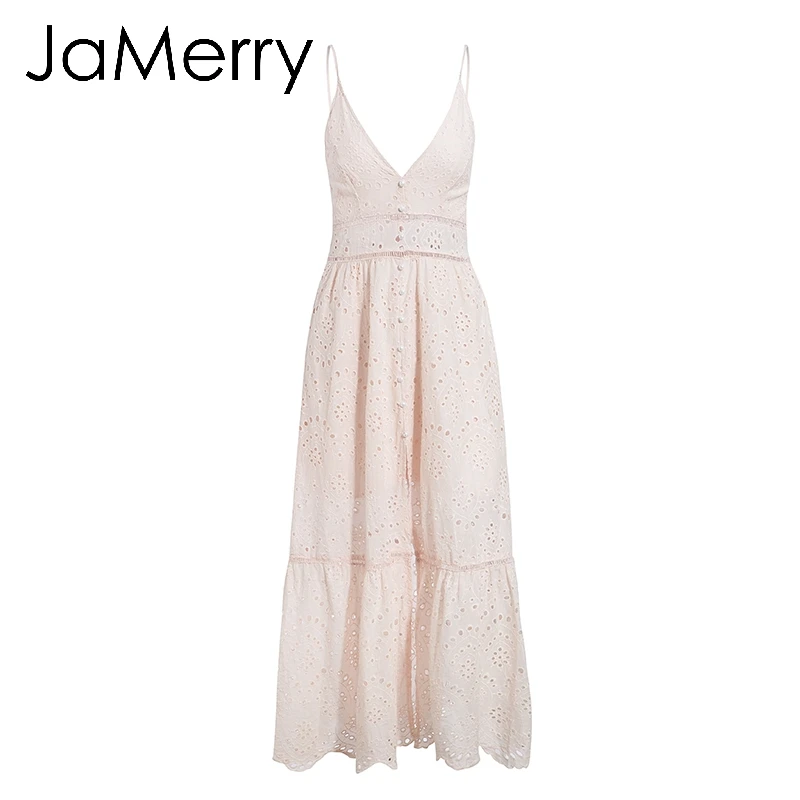 Розовый JaMerry, богемное, с вышивкой, белое, сексуальное, кружевное, женское, летнее, макси платье, на тонких бретелях, хлопковые платья, праздничные, вечерние, длинные, vestidos - Цвет: Розовый