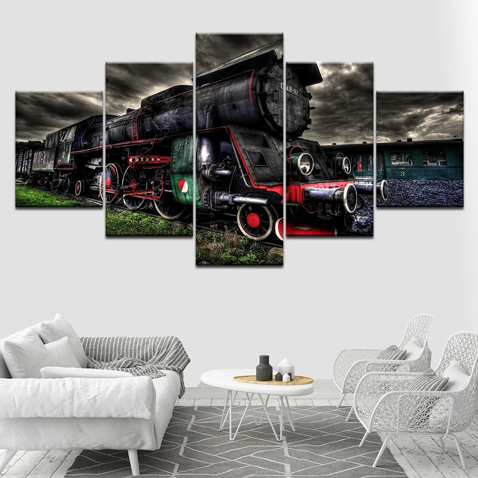 

5 Panel Vintage Steam Train Restaurant bar decoration Picture Painting Wall Art Home Living Room Decoration Posters Framed Print