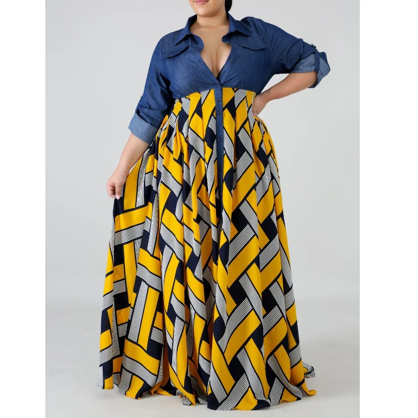 Африканский халат модное женское макси платье плюс размер длинный рукав желтая