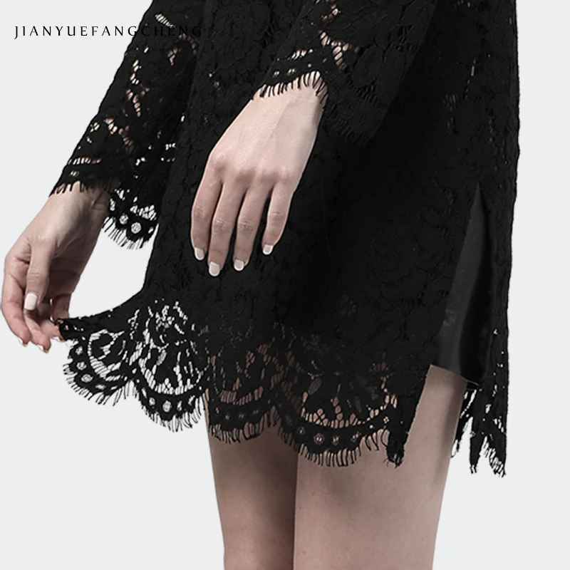 

Cut Floral Hollow Out Black Lace Women' Dress Long Sleeve Stand Neck Short 2020 Summer Female Sexy Mini Dresses Plus Size