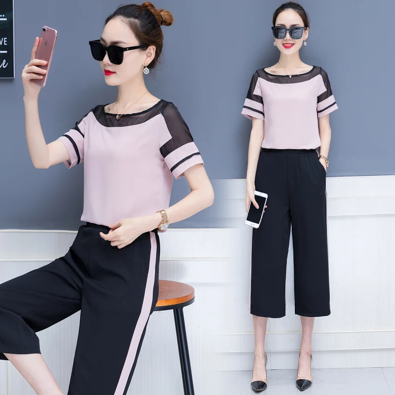 

Fashionable dress dress new nifty web celebrity ladies summer short-sleeved chiffon wide-legged pants two-piece tide