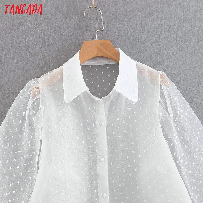 Tangada Женская белая Шифоновая Блузка Прозрачная с длинным рукавом и отложным воротником женские рубашки больших размеров стильные женские топы SL364