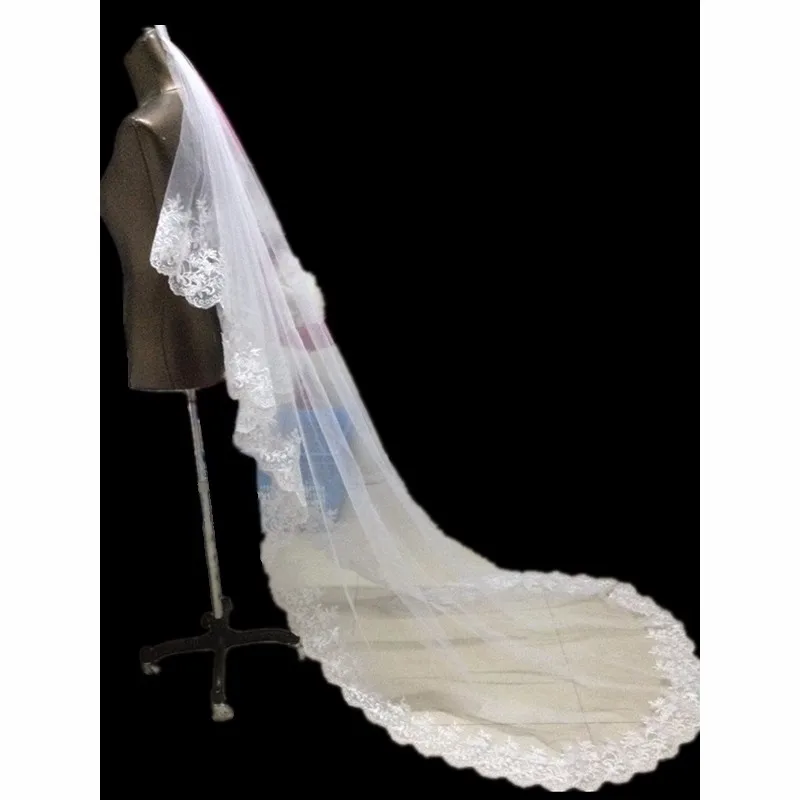 Один слой кружевная кромка длина собора свадебная фата белые слоновая кость