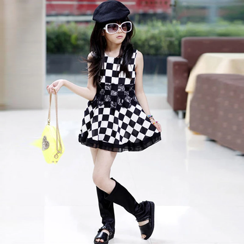Summer Black White Plaid Lace Vest Girls Dress Princess Pageant Dresses 4-16 Years Children Clothes Kids Party holiday dress | Детская