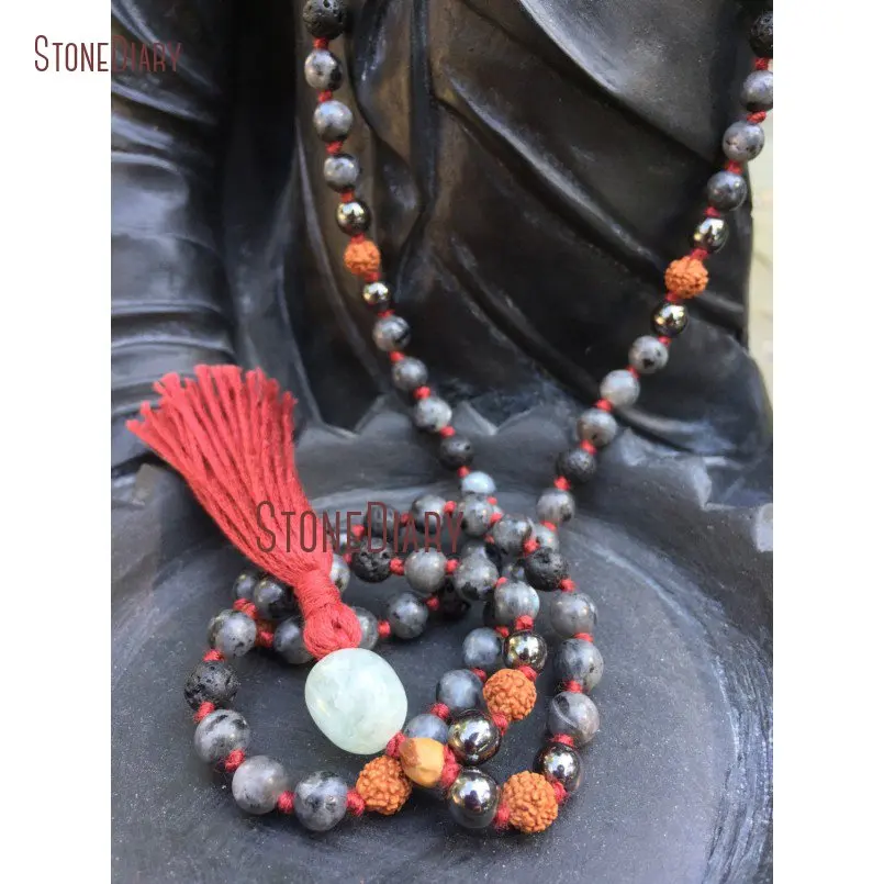 Ручная вязка Larvikite Hematite Rudraksha 108 шарик мала лавовый камень с бисером гуру Aquamarines