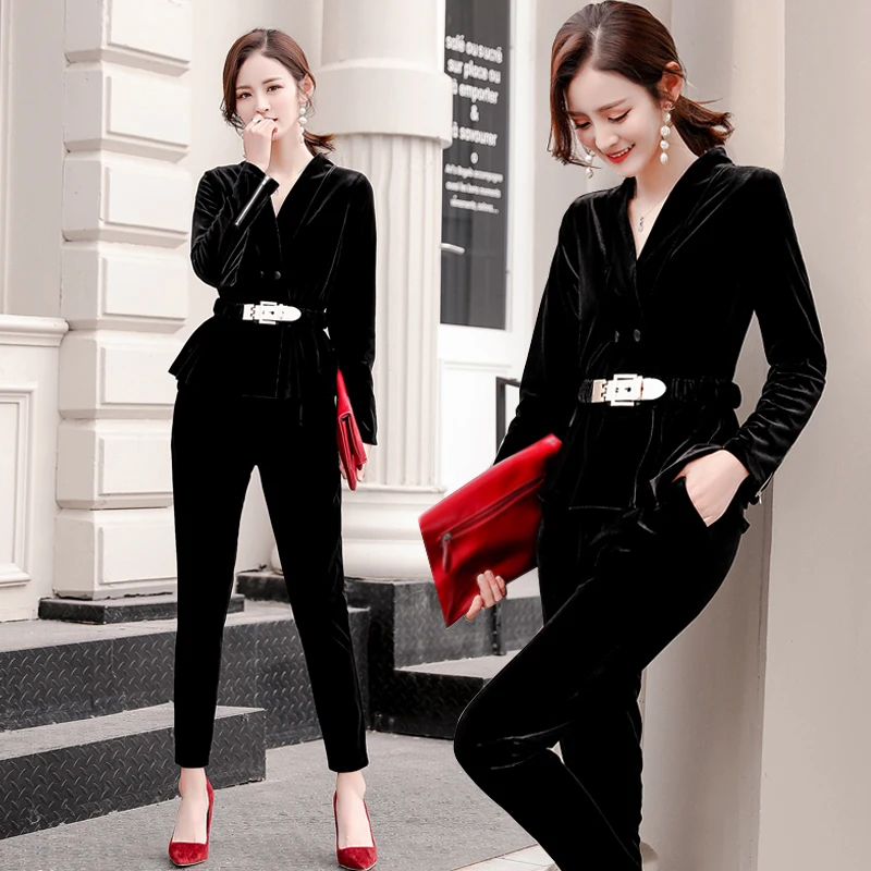 Бархатный золотистый женский костюм новый осенний Модный черный в стиле ретро