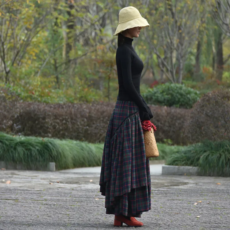 Бесплатная доставка 2020 зеленая клетчатая длинная трапециевидная юбка с