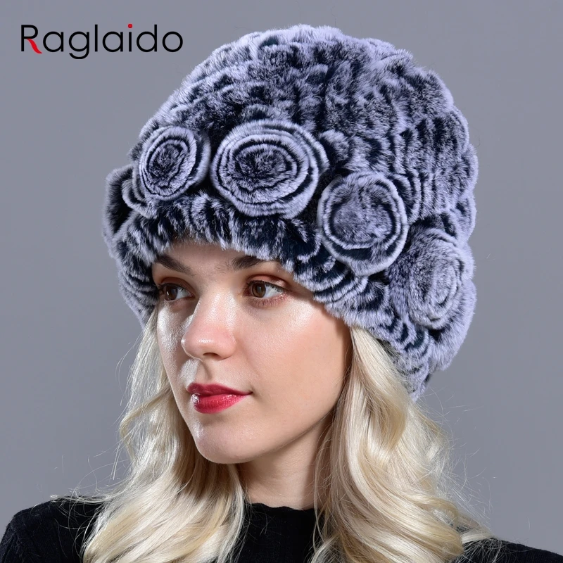 Raglaido, женская шапка, зимние шапки из натурального кроличьего меха, цветочные однотонные шапки с черепами, шапки ручной вязки, женские зимние шапки для девочек LQ11282