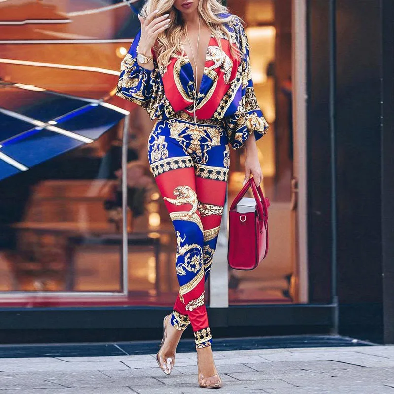 

Colorblock Exotic Print Lantern Sleeve Jumpsuit For Women 2019 Retro Print V Neck Rompers Womens Jumpsuit Casual Summer Overalls