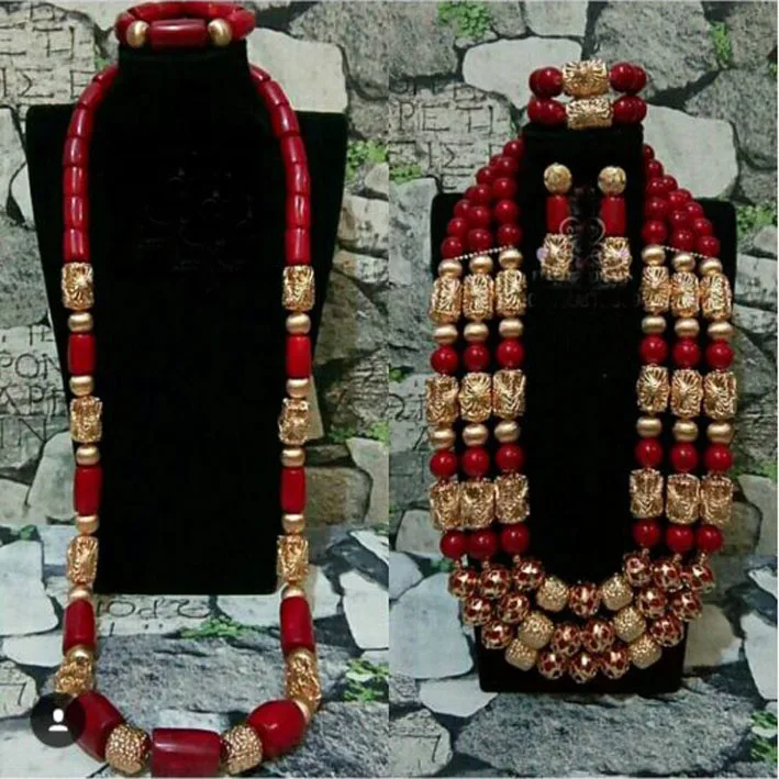 Conjuntos de joias coral reais de luxo, conjuntos de joias para casal, noiva e noivo, vinho vermelho, africano, abh711