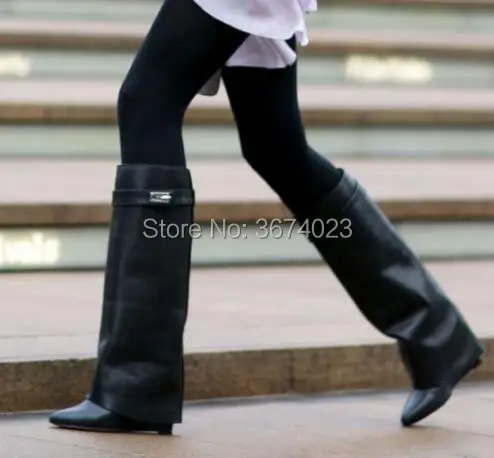 Qianruiti Shark Lock Women Wedge Boots Botines Mujer Knee High Heel Fold Over Height Increasing Motorcycle Booties | Обувь