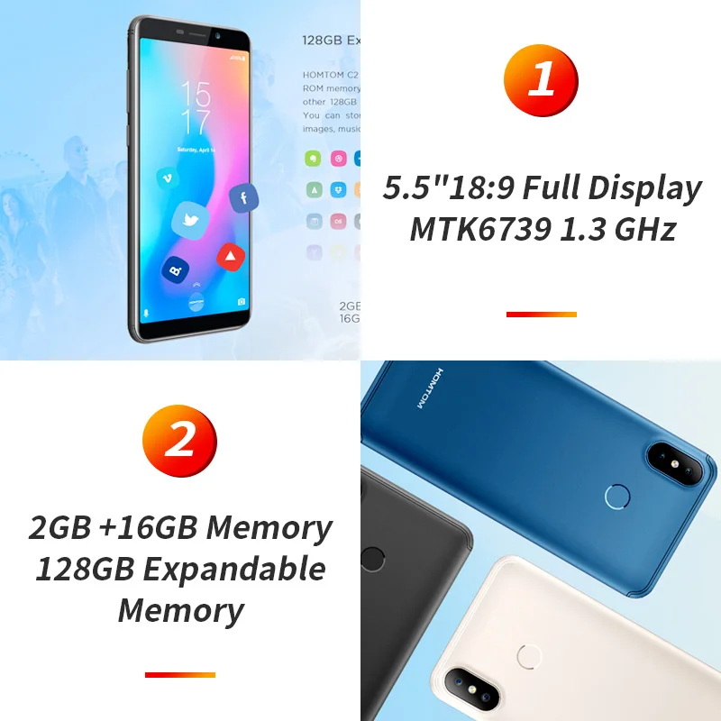 HOMTOM C2 смартфон с 5 дюймовым дисплеем четырёхъядерным процессором 18:9 ОЗУ 2 Гб ПЗУ 16