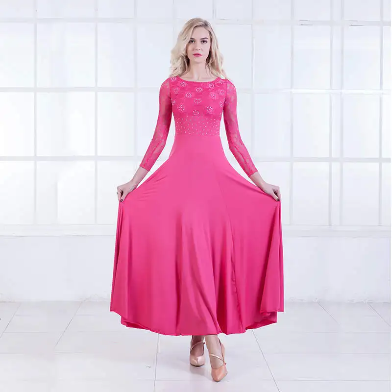 Rose red Modern Dance Dress Long Sleeve Ballroom Dancing Will Pendulum dress Ballroom Dancing Waltz dress - Цвет: Rose red